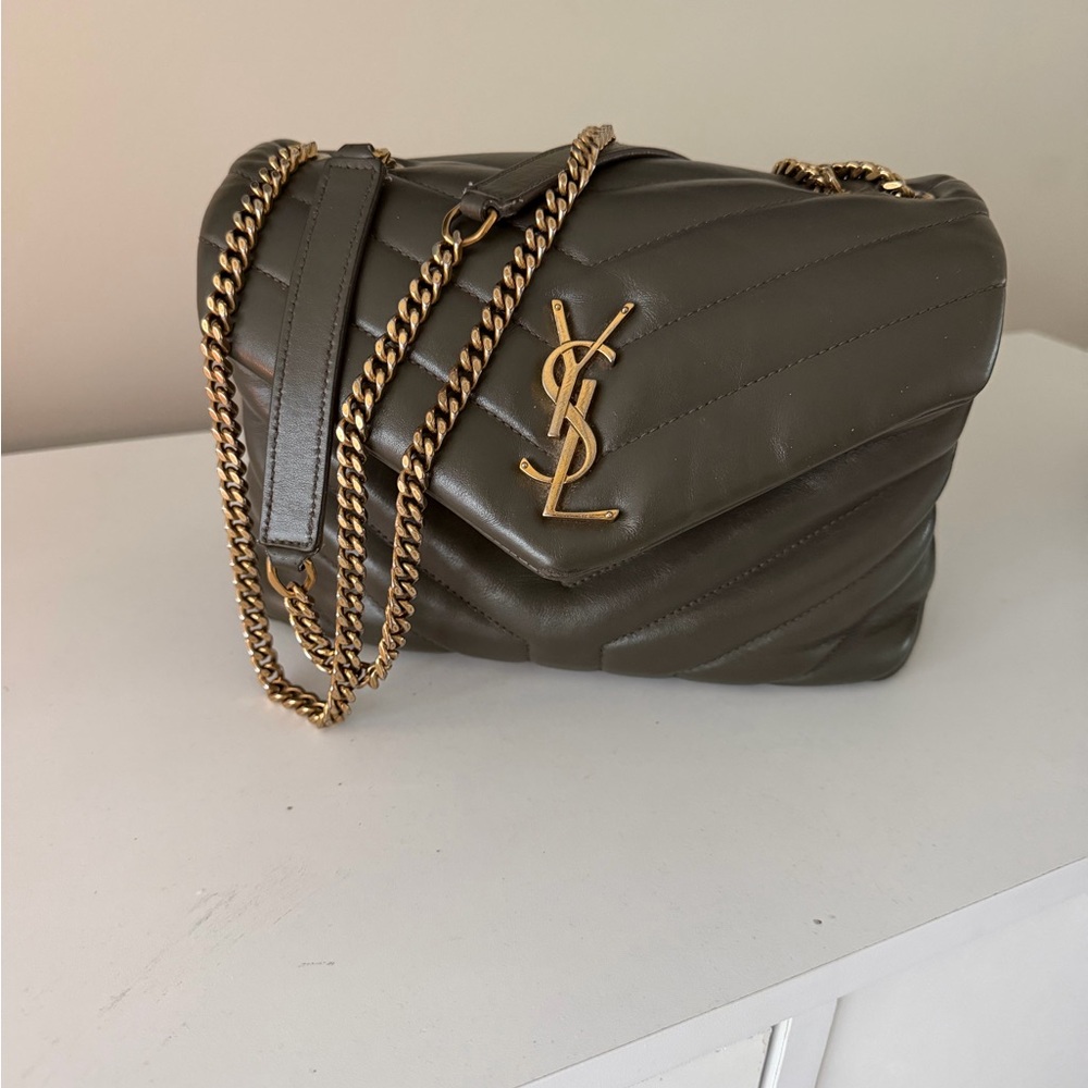 Yves Saint Laurent Dark Green Quilted Shoulder Bag with Gold Chain